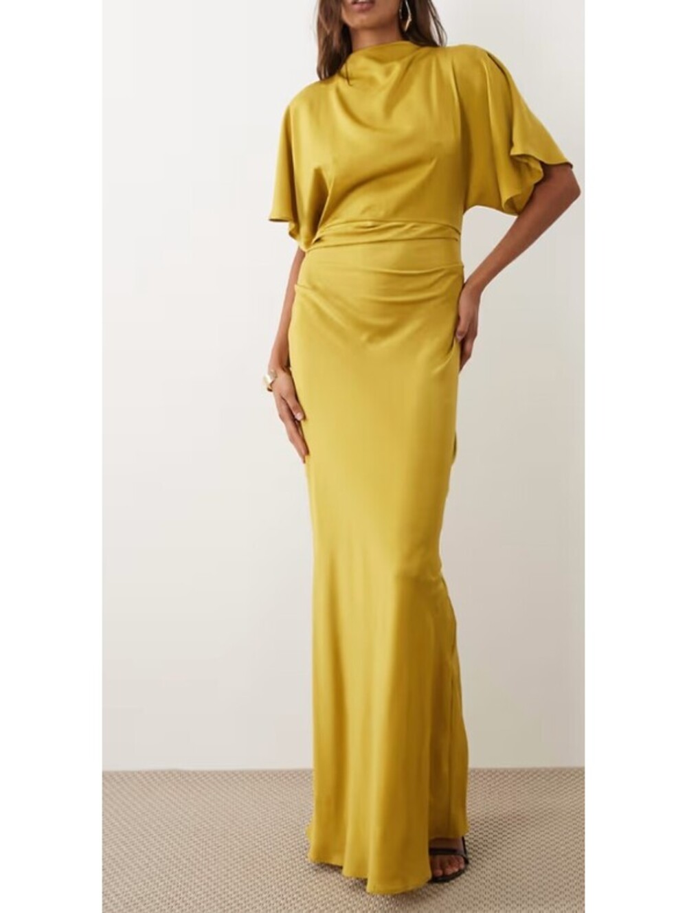 Elegant NWT Yellow Satin Evening Gown with Draped Sleeves and Fitted Waist ASOS